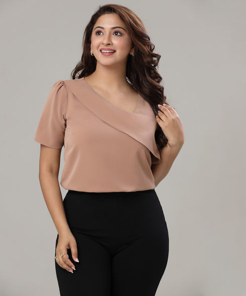 Solid Asymmetrical Neck Puff Sleeve Blouse